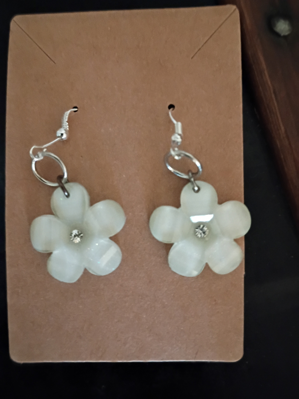 Delicate Green Flower Drop Earrings with Crystal Center